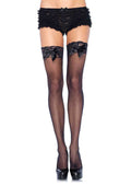 Sheer Lace Top Thigh Highs With Satin Bow Accent - Black