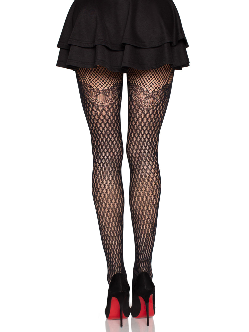 Gilded Grid Net Tights With Bow Lace Top - Black