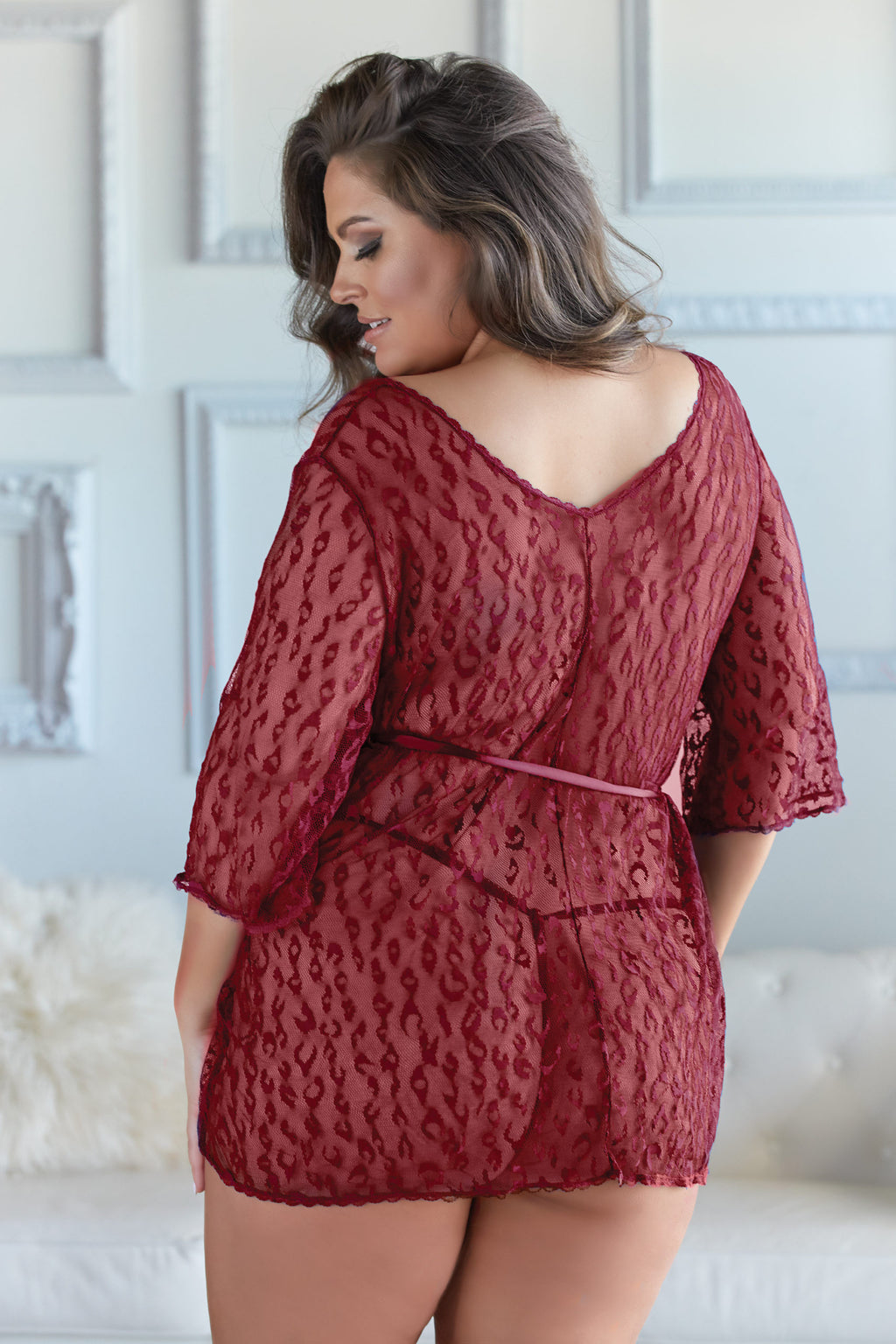 Valentina Leopard Lace Robe with G-string