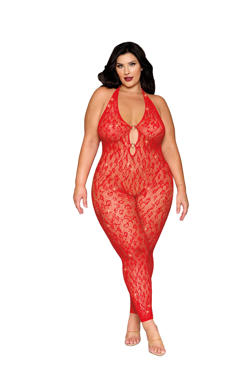Rhinestone Bodystocking Dmnd - Poinsettia - Red