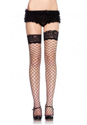 Lace Top Fence Net Thigh Highs - Black