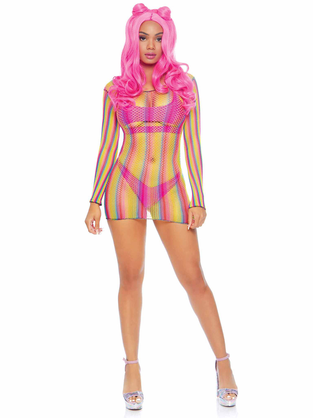 Rainbow Fishnet Long Sleeved Mini Dress - Rainbow