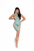 Elegant Moments Crochet And Fishnet Halter Neck, Mid Length Bodystocking With Open Crotch