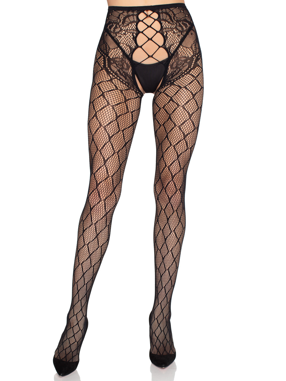 Faux Layer Net Tights With Crotchless Floral Panty - Black