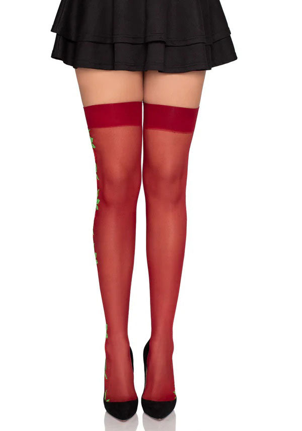 Spandex Thigh Highs With Roses - Burgundy