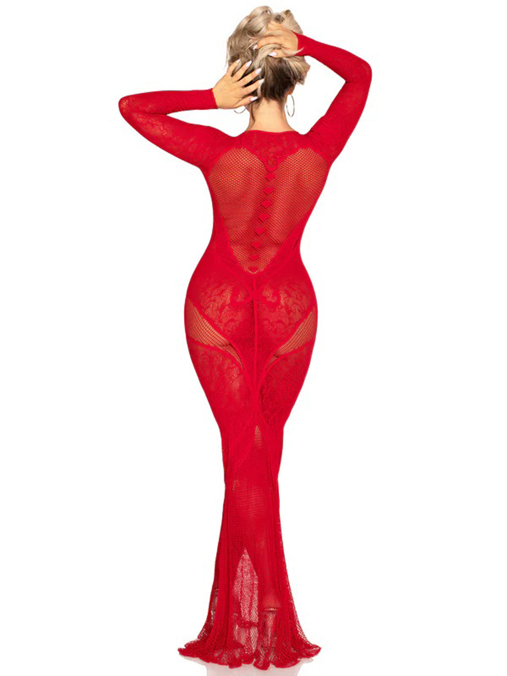 Red Lace and Net Body Con Gown - With Heart Keyhole Detail - Red
