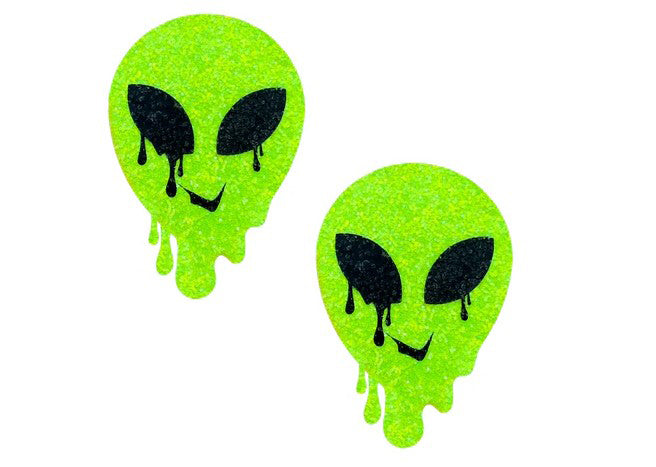 Super Sparkle Lemon Lime Blacklight Glitter Melty Alien Nipple Cover Pasties - Green