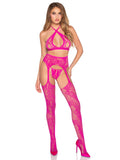 3 Pc Lace Open Cup Cross-Over Bra Top, Crotchless Panty, and Garter Belt Stockings - Magenta