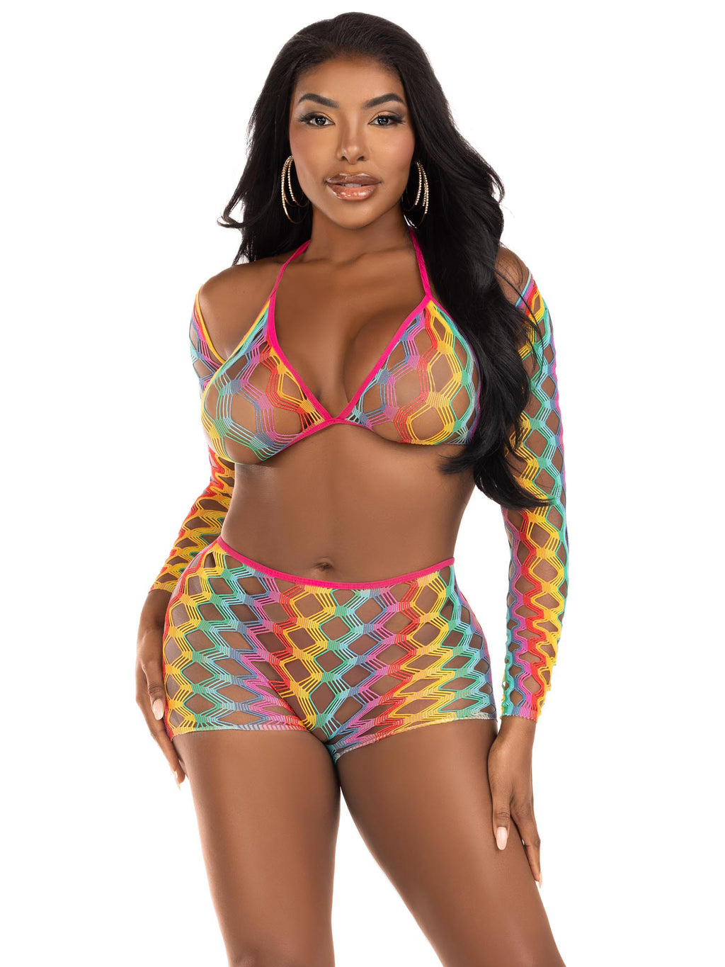 3 Pc Net Bra Top With Shrug and Boy Shorts - Multicolor