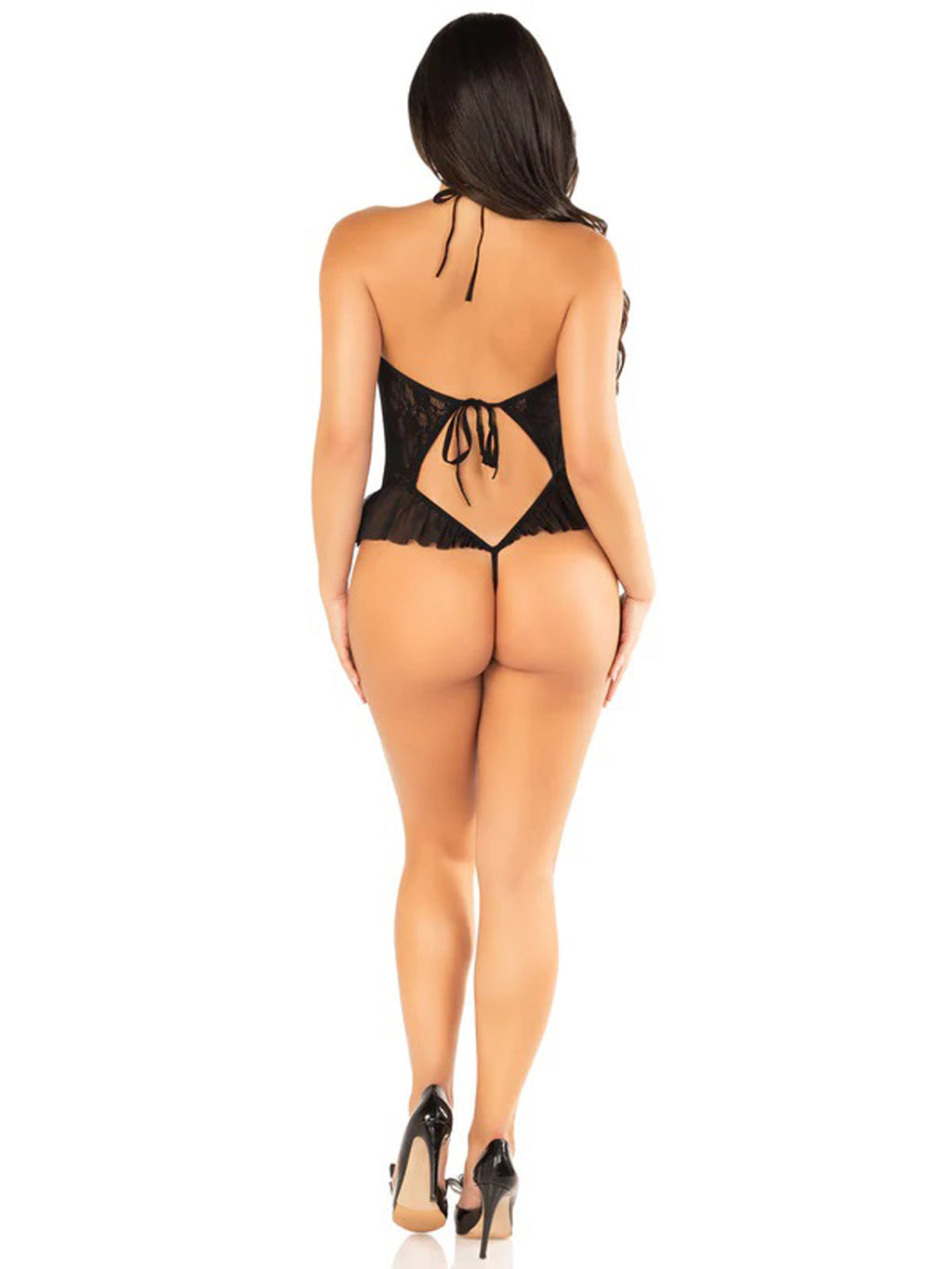 Black Floral Lace Halter Bodysuit with Mini Bow - and Flutter Accent - Black