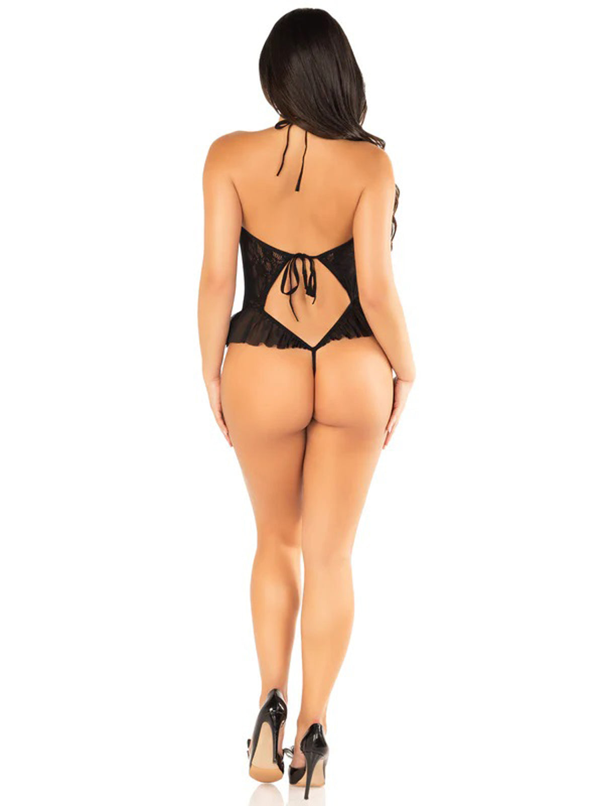 Black Floral Lace Halter Bodysuit with Mini Bow - and Flutter Accent - Black