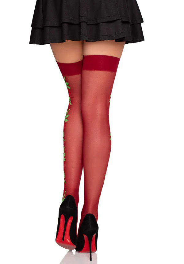 Spandex Thigh Highs With Roses - Burgundy