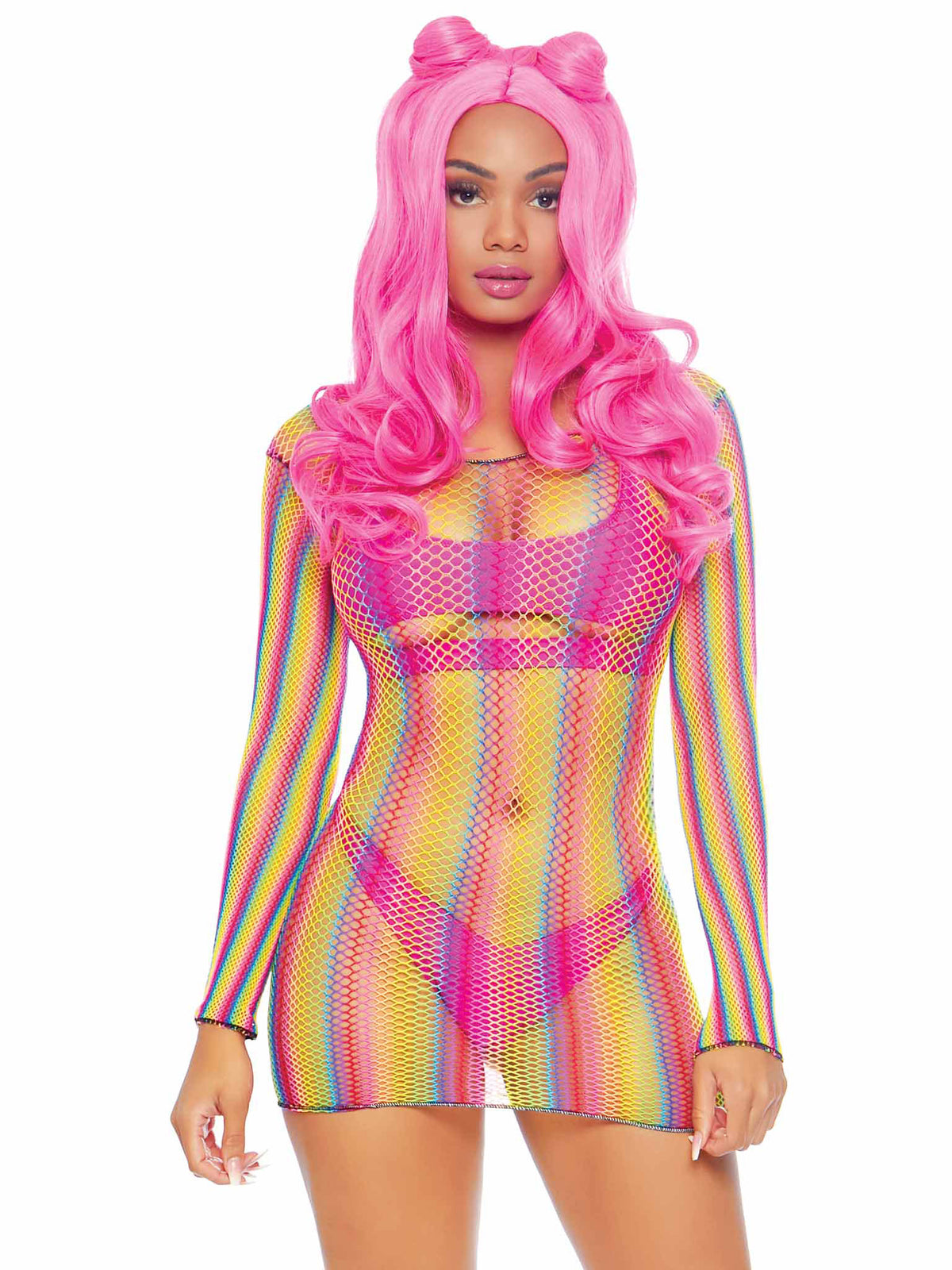 Rainbow Fishnet Long Sleeved Mini Dress - Rainbow