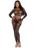 2 Pc Python Net Crop Top and Footless Tights - Black