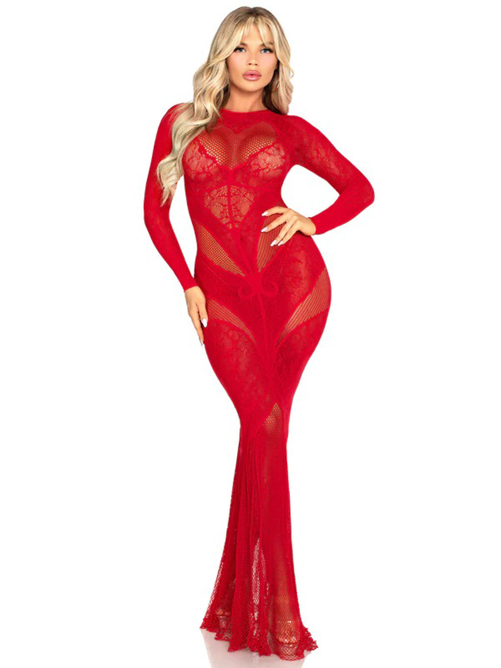 Red Lace and Net Body Con Gown - With Heart Keyhole Detail - Red