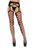 Diamond Net Opaque Stockings with Attached Garter - Black