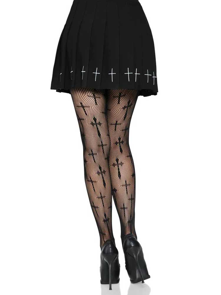 Worship Me Cross Net Tights - Black