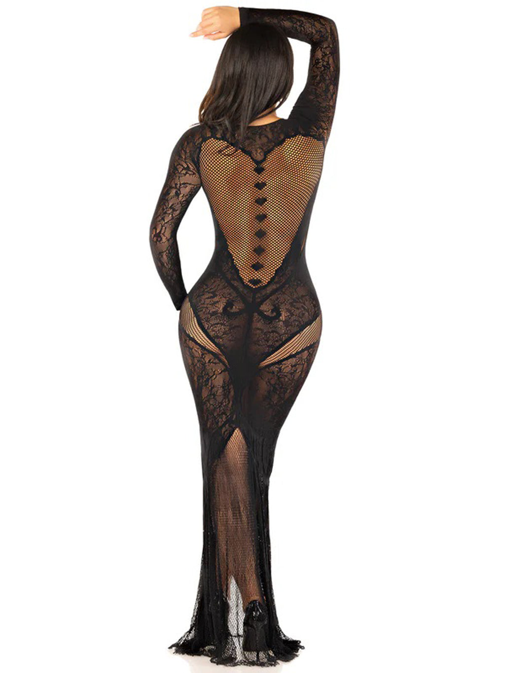 Black Lace and Net Body Con Gown - With Heart Keyhole Detail - Black