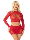 Red 2pc Rhinestone Lace and Net Crop Top with - Heart Keyhole Mini Skirt - Red
