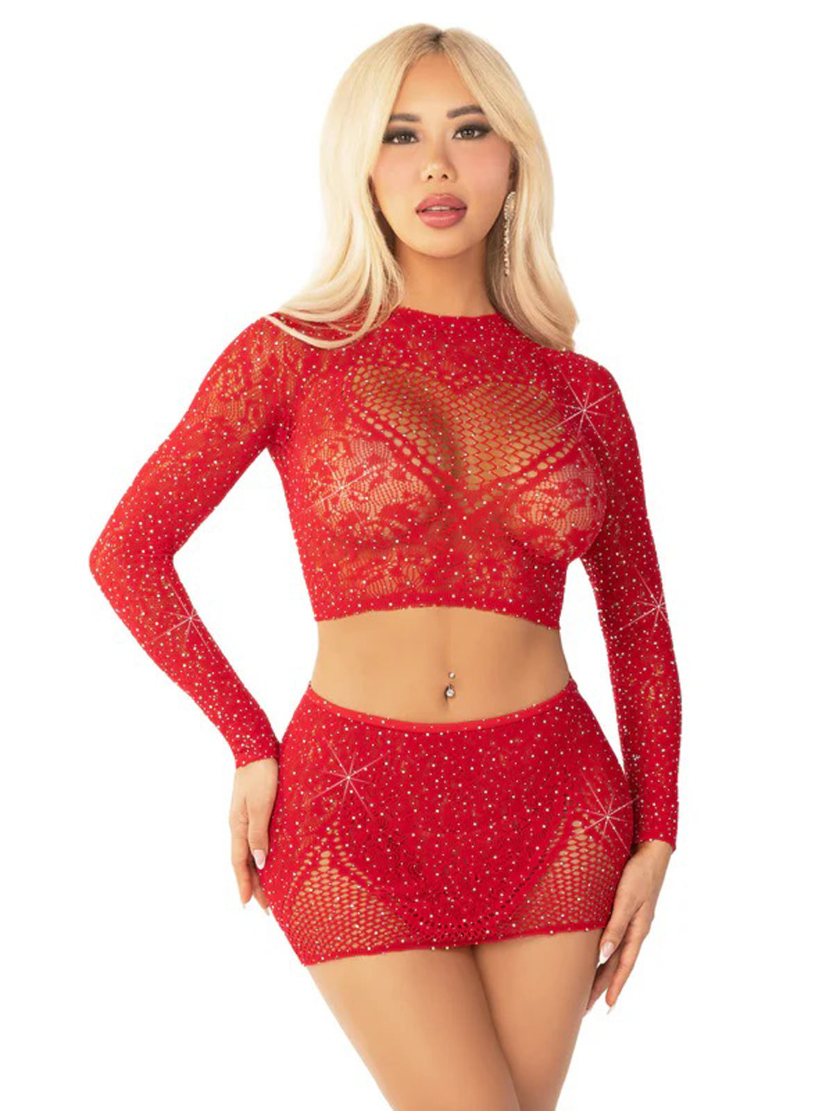 Red 2pc Rhinestone Lace and Net Crop Top with - Heart Keyhole Mini Skirt - Red