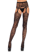 Floral Lace Stockings with Attached Waist Garterbelt - Black