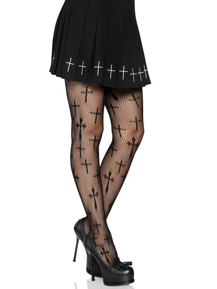 Worship Me Cross Net Tights - Black
