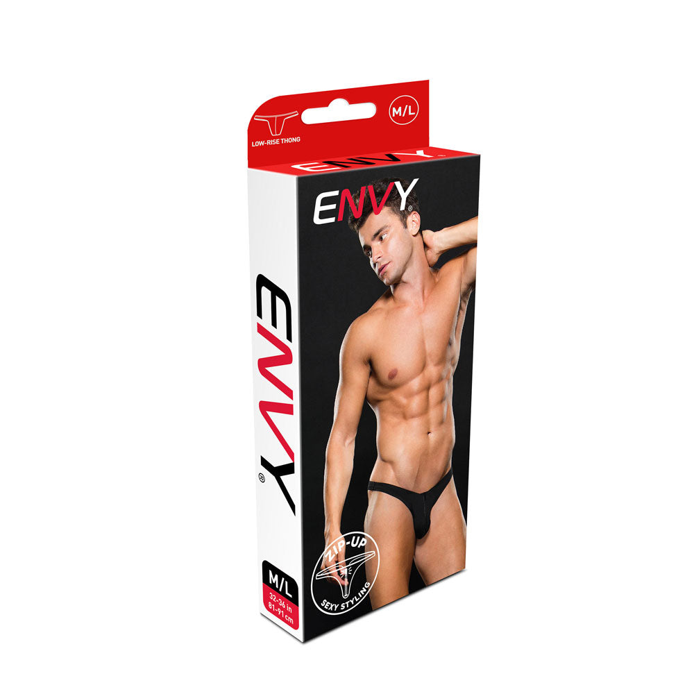 Low Rise Microfiber Zip Thong - Black