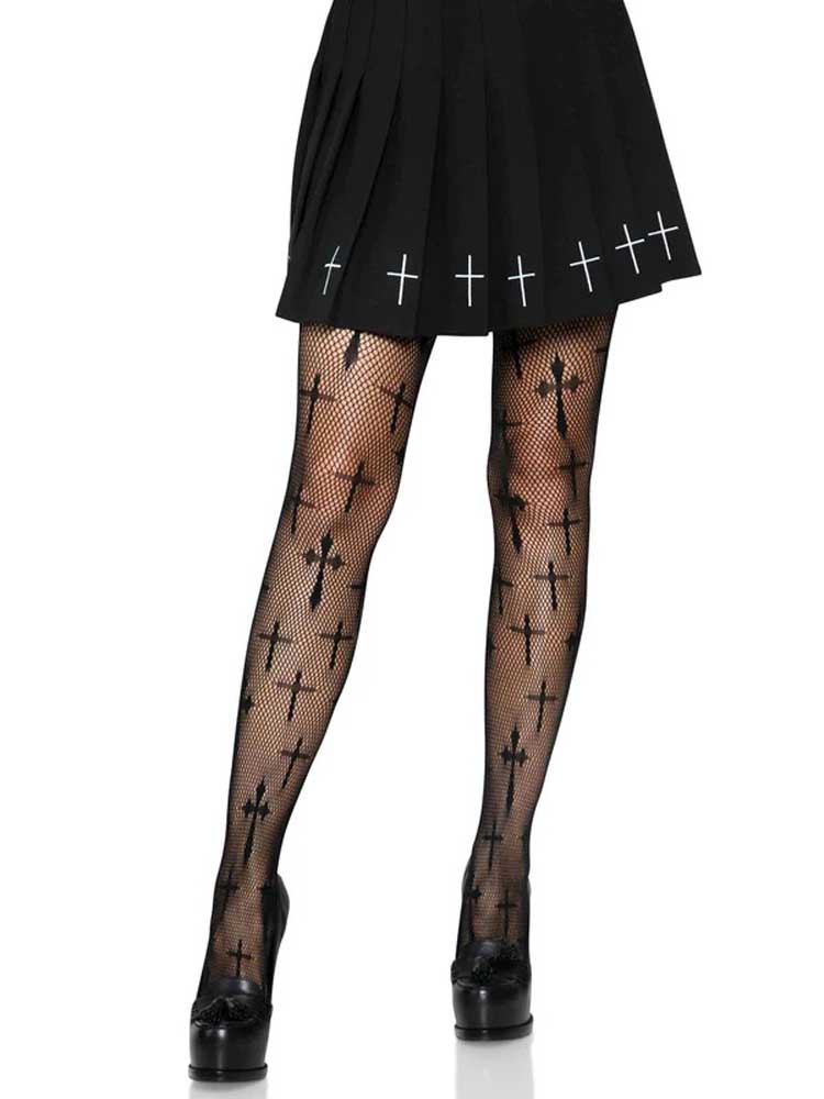 Worship Me Cross Net Tights - Black