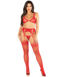 Red 3pc Lace Bra Top, G-String, and Stockings - Red