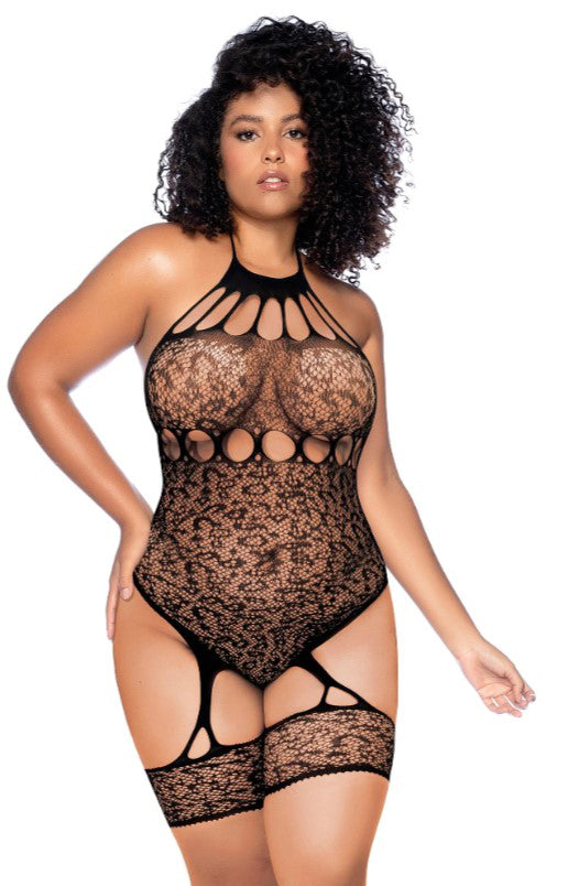 Leopard Halter Fishnet Bodysuit - Curve - Black