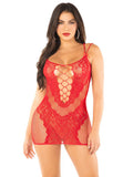 Red Lace and Net Mini Dress - With Dual Strap Detail - Red