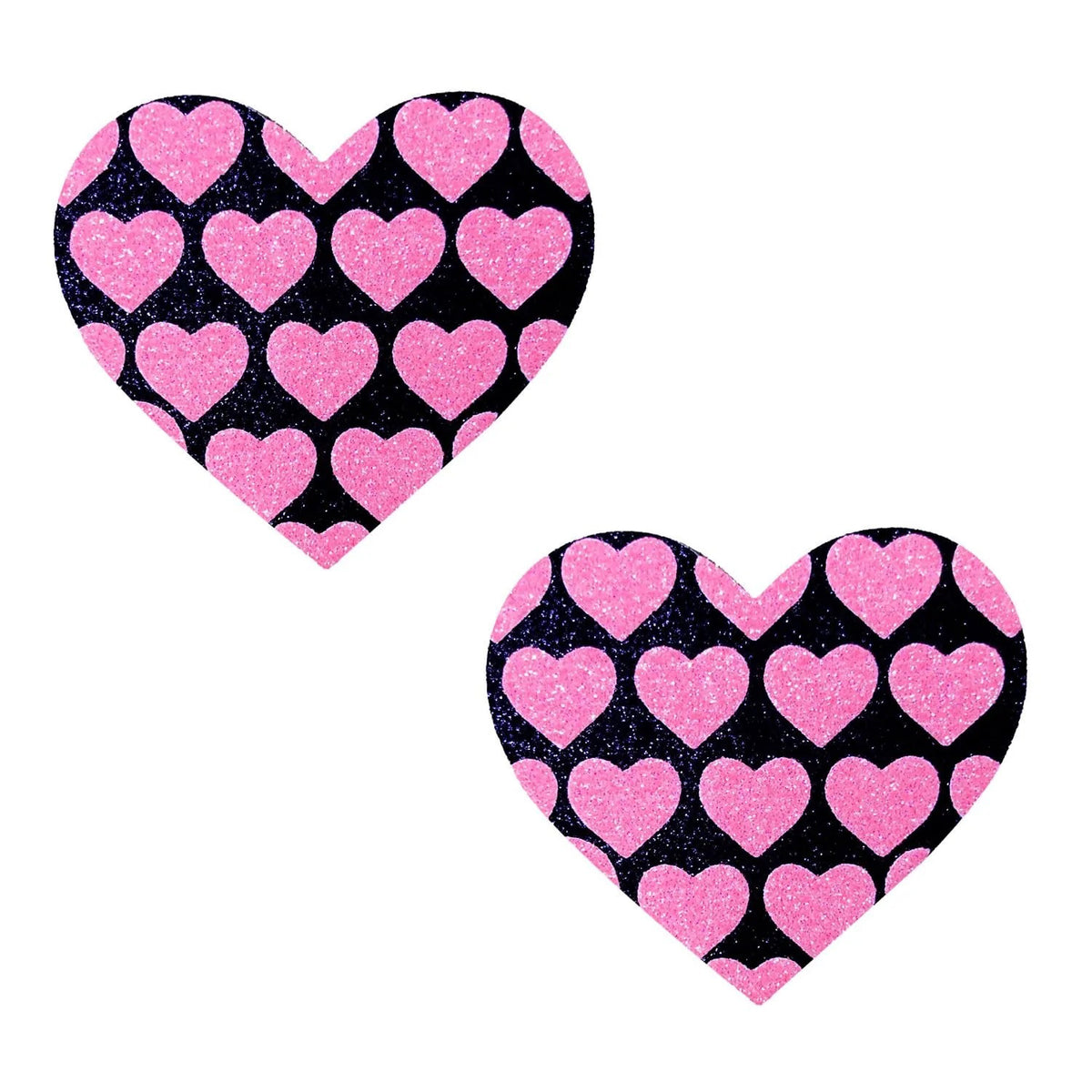 Pink Heart Neon Valentines Black Glitter Heart Nipple Cover Pasties - Multi