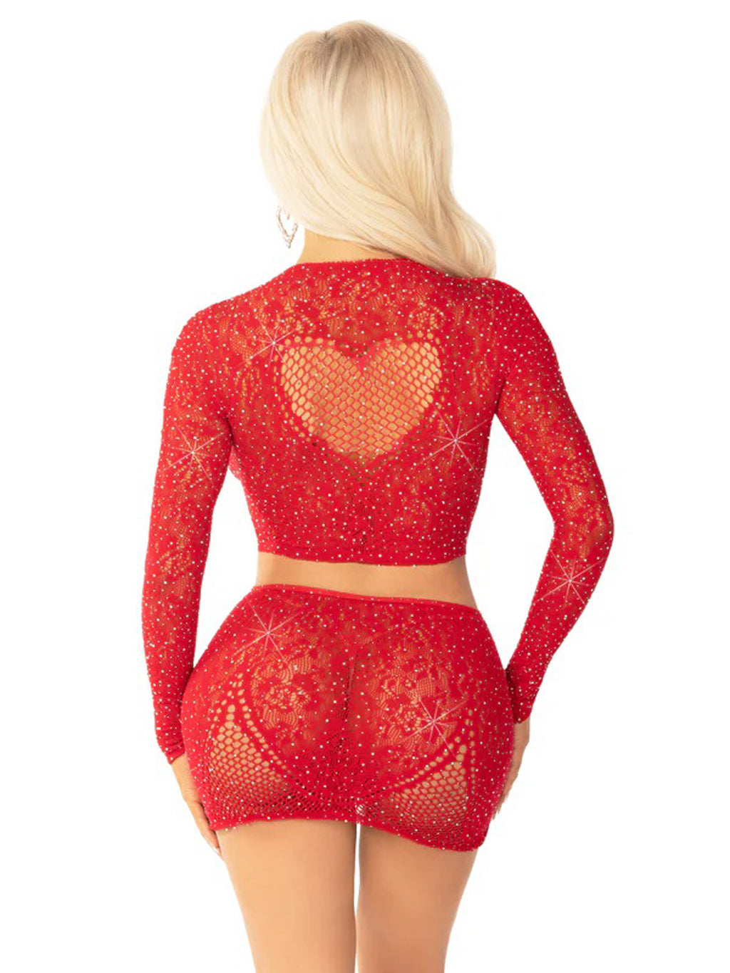 Red 2pc Rhinestone Lace and Net Crop Top with - Heart Keyhole Mini Skirt - Red