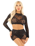 Black 2pc Rhinestone Lace and Net Crop Top with - Heart Keyhole Mini Skirt - Black