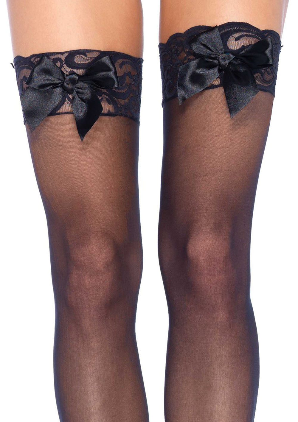 Sheer Lace Top Thigh Highs With Satin Bow Accent - Black