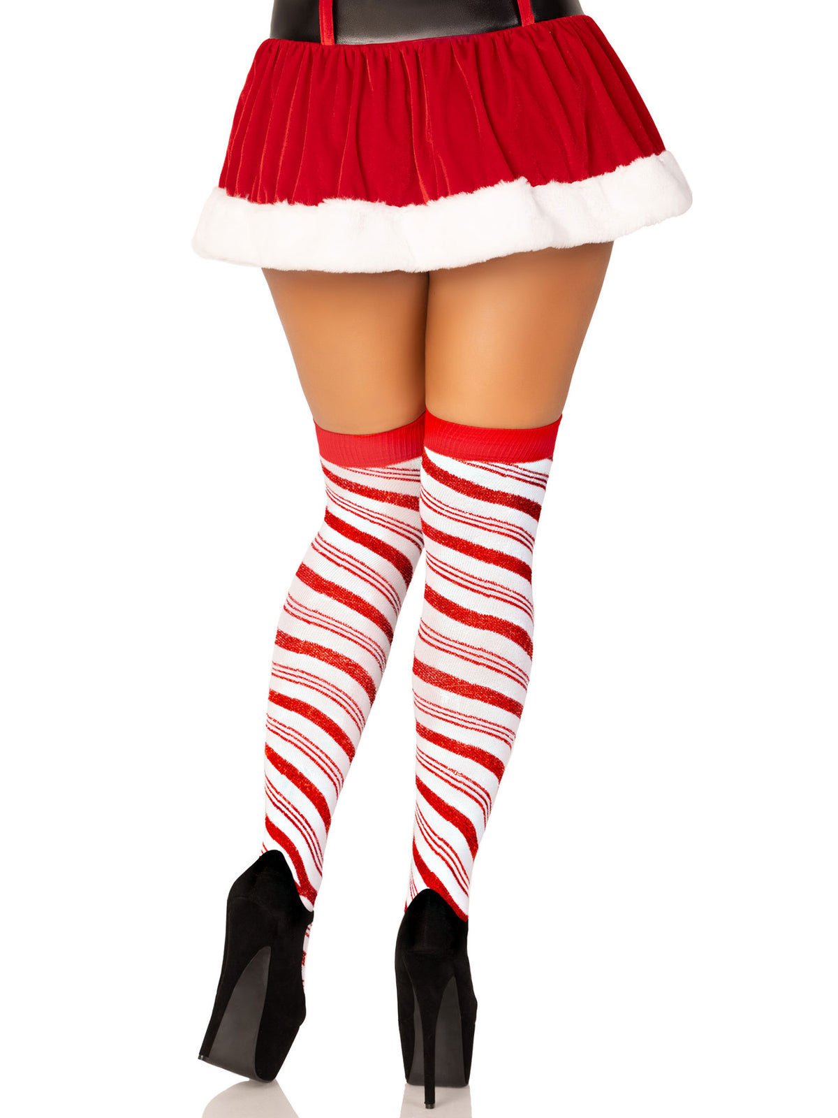 Candy Cane Lurex Striped Socks - Over the Knee - White/Red