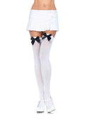 Nylon Thigh Highs With Bow - White / Black