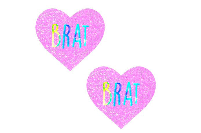 Brat Holographic Uv Light Pink I Heart U Glitter Nipple Cover Pasties - Pink