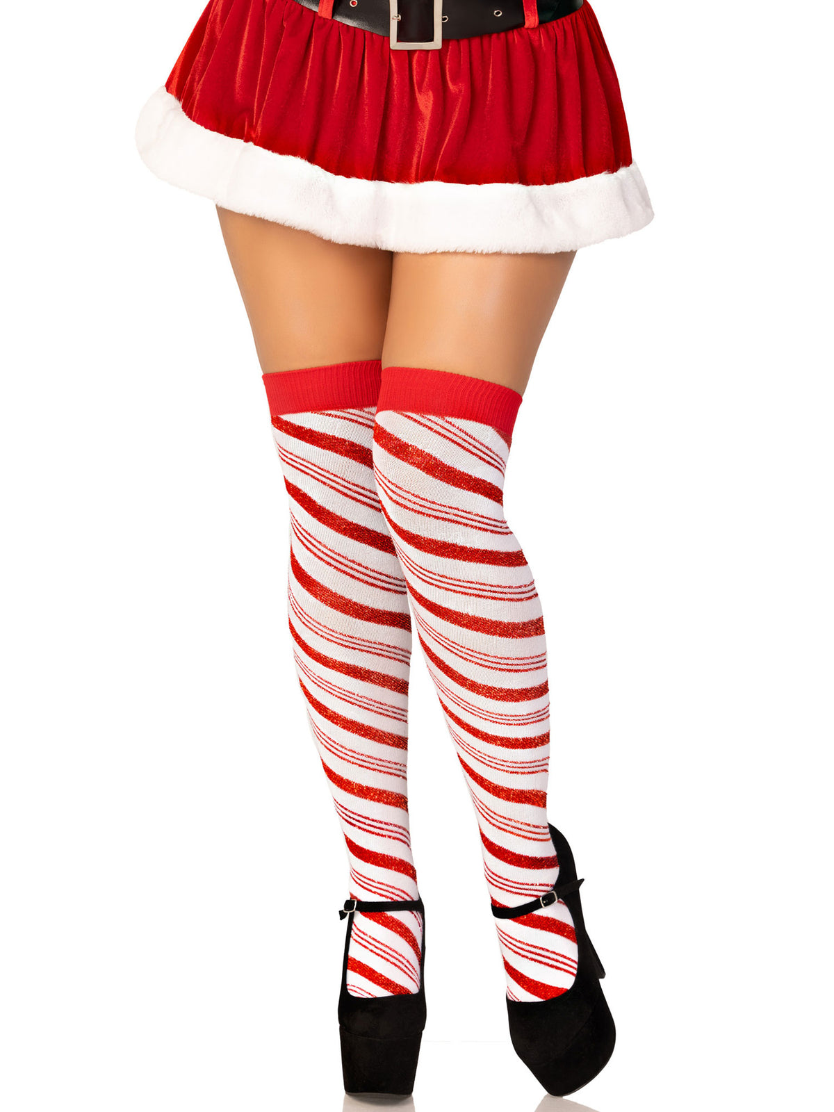 Candy Cane Lurex Striped Socks - Over the Knee - White/Red