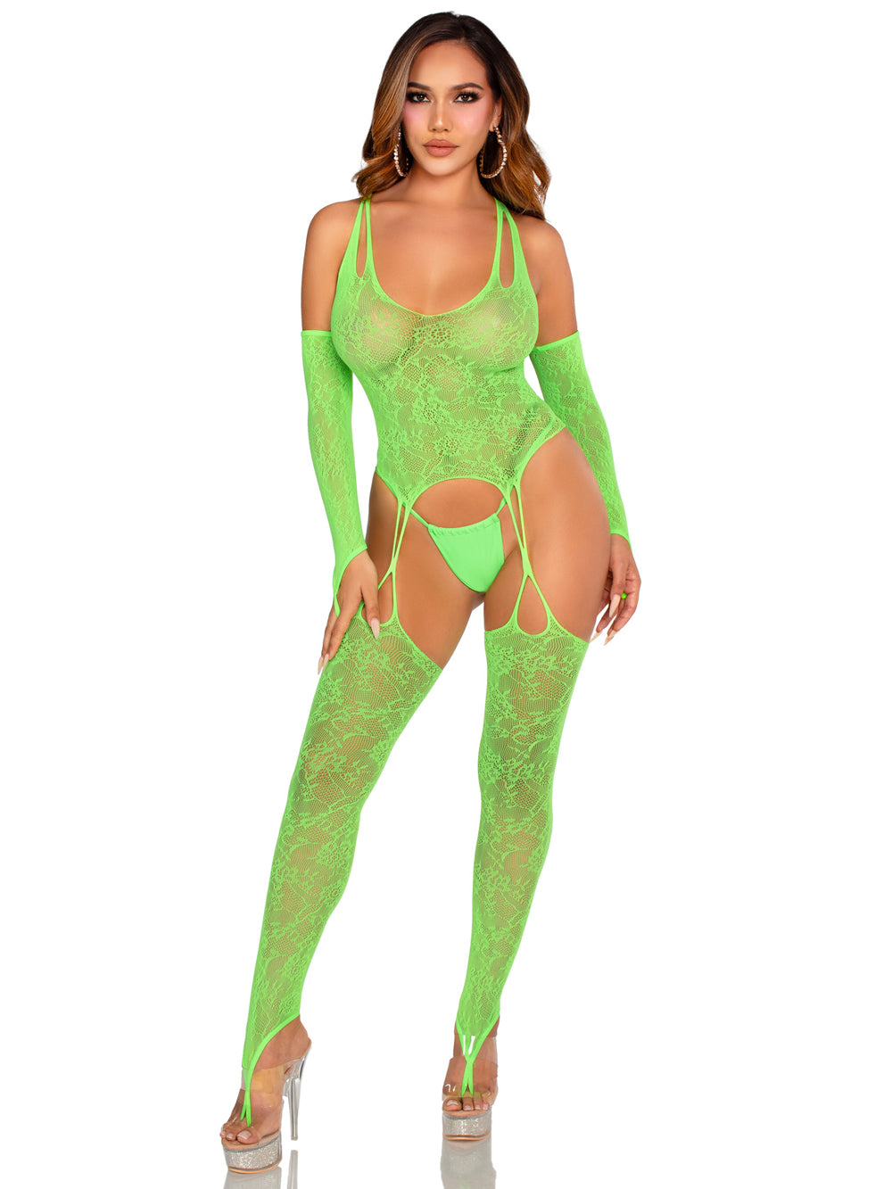 2 Pc Lace Halter Footless Cami Garter With Attached Toe Loop Stockings - Neon Green